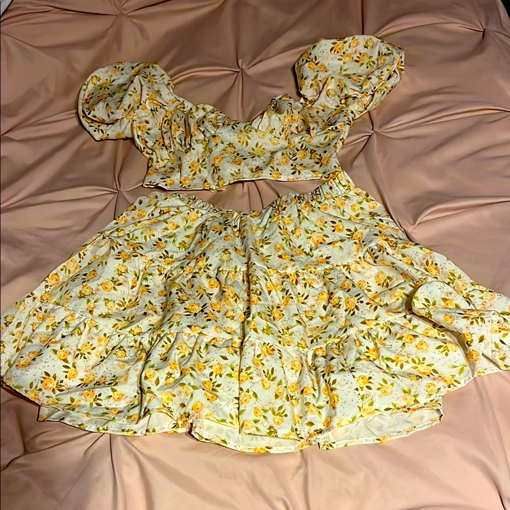 Floral Puff Sleeve Crop Top and Skirt Set